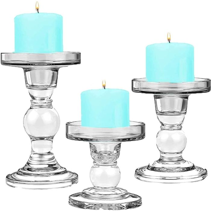 Set Of Glass Candle Holder Bubble Pillar Taper Candlestick Holders