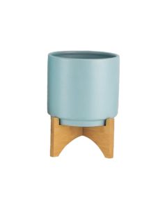 Classic Light Blue Planter Pot with Wood Stand H-9.5" D-7.25" (Pack of 12)