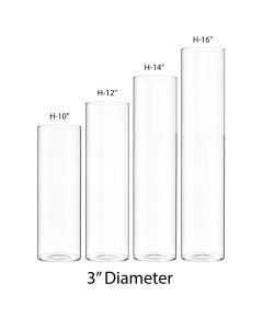 3" Wide Glass Cylinder Bud Vase, H-8", 10",12",14",16" (Pack of 24 pcs)