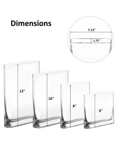 Glass Book Vase, Rectangle Round Edge Oval Vase, L-6"/8"/10"/12" x W-1.75" x H-7", Pack of 6 pcs