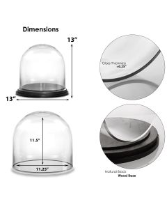 Glass Display Dome Cloche Bell Jar w/ Black Wood Base Option -Wood Base-12 in