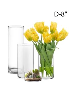 Glass Cylinder Vases. D-8", H-2", 4", 8",12",16",22", Pack of 4 pcs