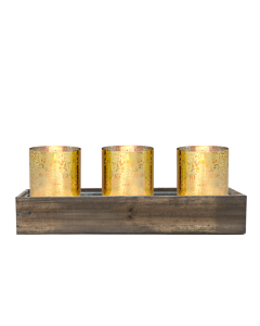 Wood Rectangle Candle Holder Set With Glass Gold Chimney Candle Shade Tubes (L:18" W:6" H:6.25")