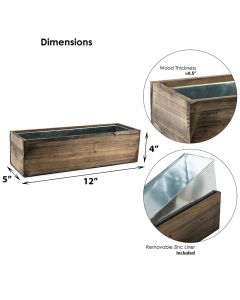 Wood Rectangle Planter Box w/ Zinc Liner Natural H-4" Open-12"x5