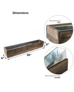 6 inch Wood Rectangle Planter Box w/ Zinc Liner Natural Wholesale Package