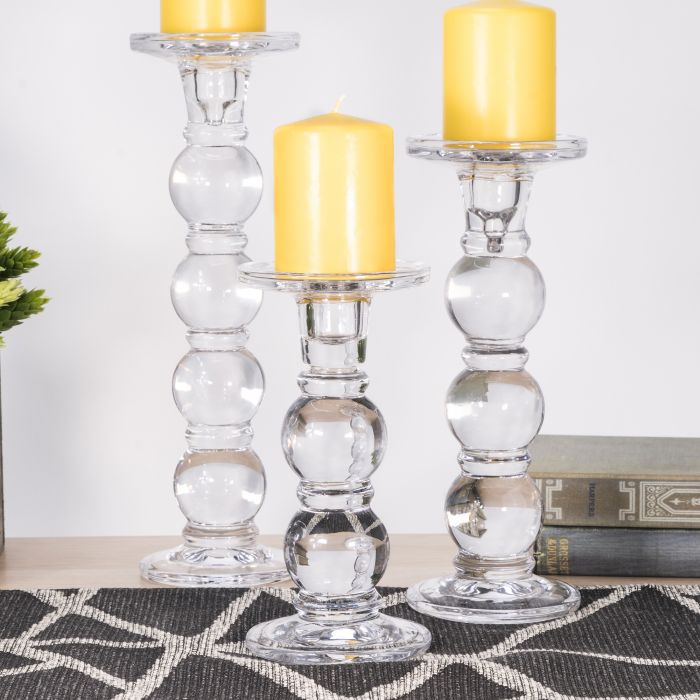 Set of 3 Glass Bubble Link Pillar Taper Candlesticks for Dinner Table  Wedding Party