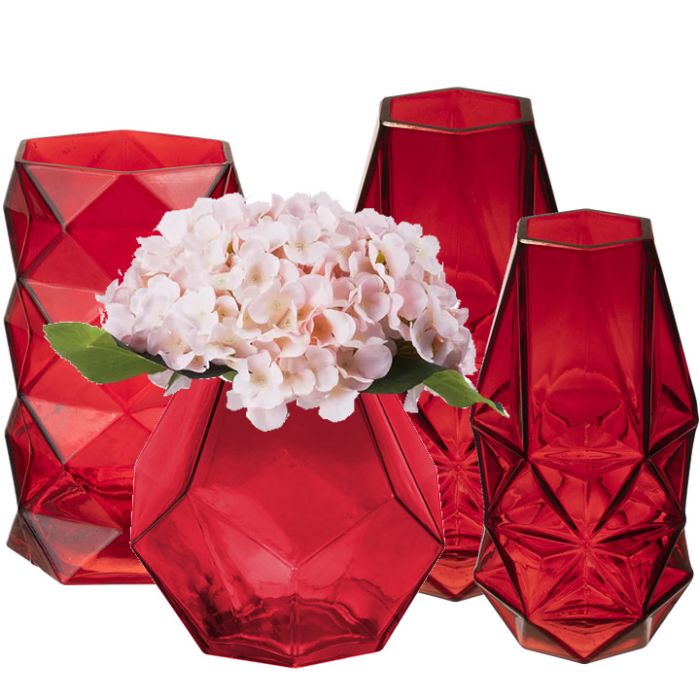 Geometric Red Prism Glass Vases Available in 4 Sizes, Pack of 6 pcs