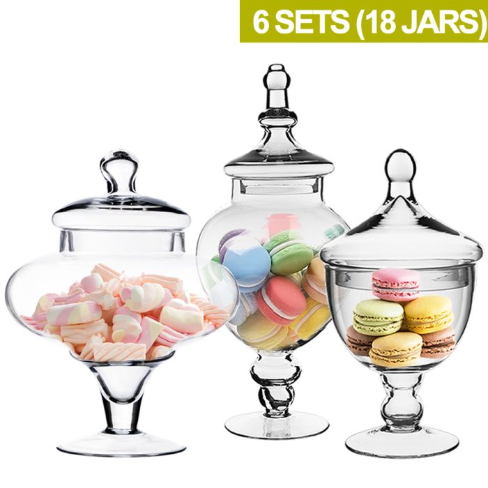 Glass Apothecary Candy Buffet Jar Set of 3. H-10,14.75,22
