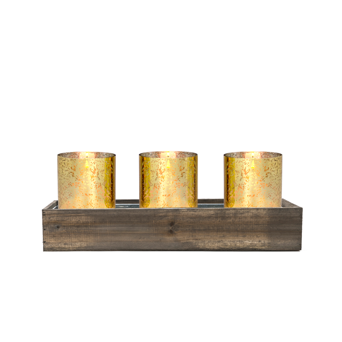 Wood Rectangle Candle Holder Set With Glass Gold Chimney Candle Shade Tubes (L:18