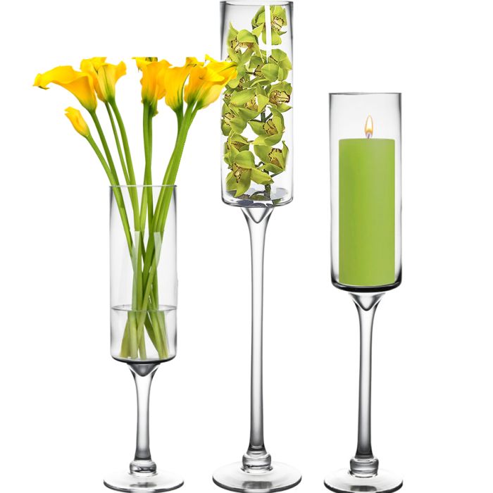 long stem glass pedestal candle holder 24, 20, 16 inches