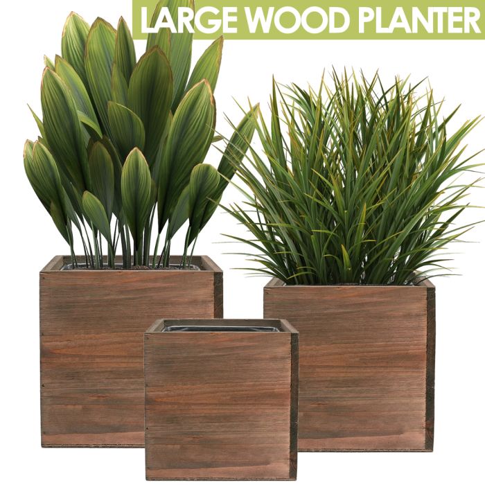 wood planter, cube shape, zinc metal liner, stylish, functional, garden decor, indoor plant pot, natural wood, contemporary design