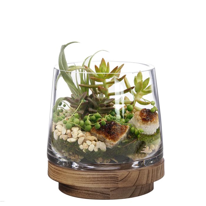 glass hurricane vase with wood base