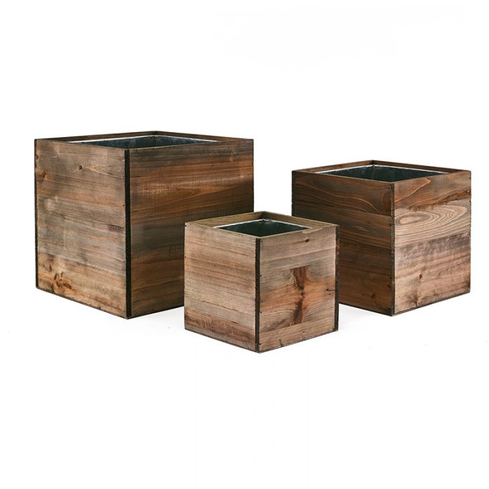 10 in 12 in 14 in cube wooden planter box set with zinc liner combination