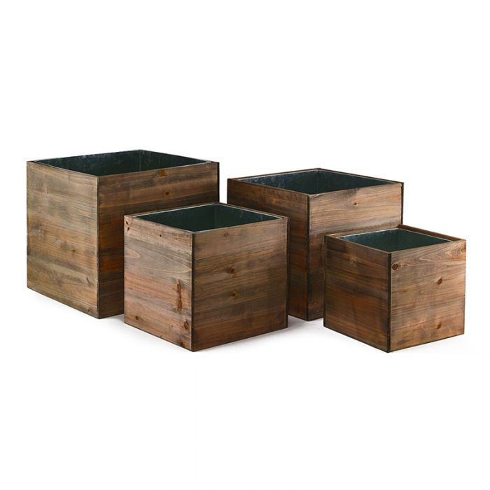 8 in 10 in 12 in 14 in cube wooden planter box set with zinc liner combination
