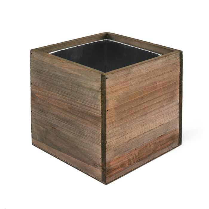 Wood Cube Planter Box w/ Zinc Liner Natural H-4